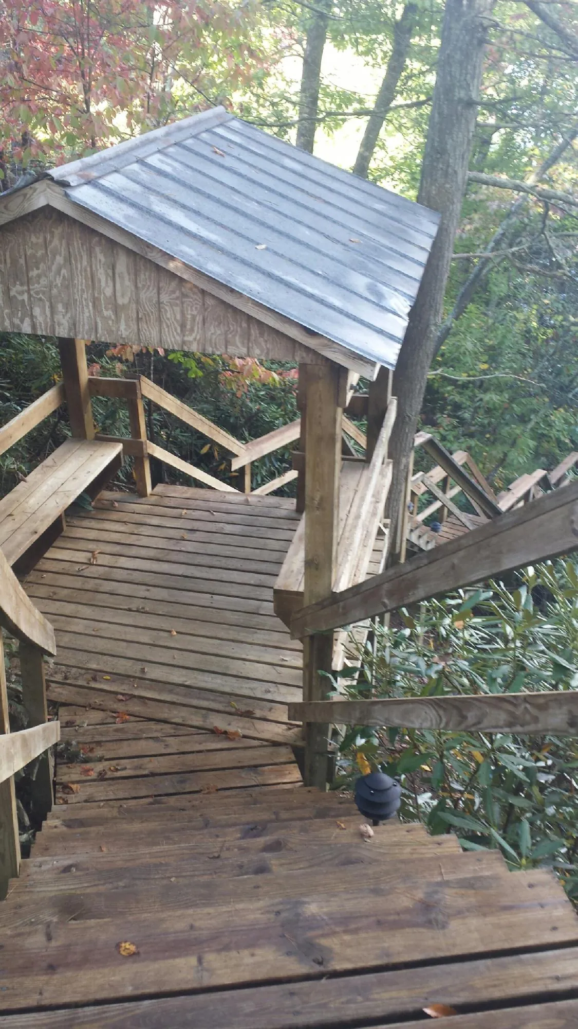 Metal roofed shelter over wooden steps on a wooded walkway — Skylight Repair & Installation work by our crew in Big Bar